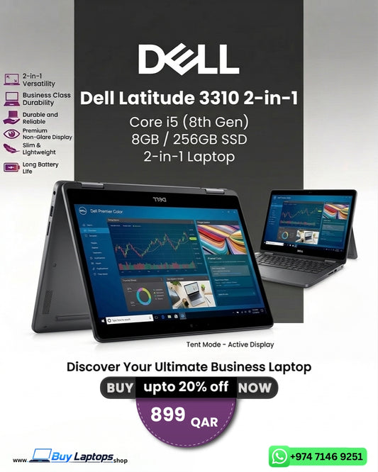 Dell Latitude 3310 2-in-1 Laptop – Intel Core i5 8th Gen, 8GB RAM, 256GB SSD | Touchscreen Convertible Notebook