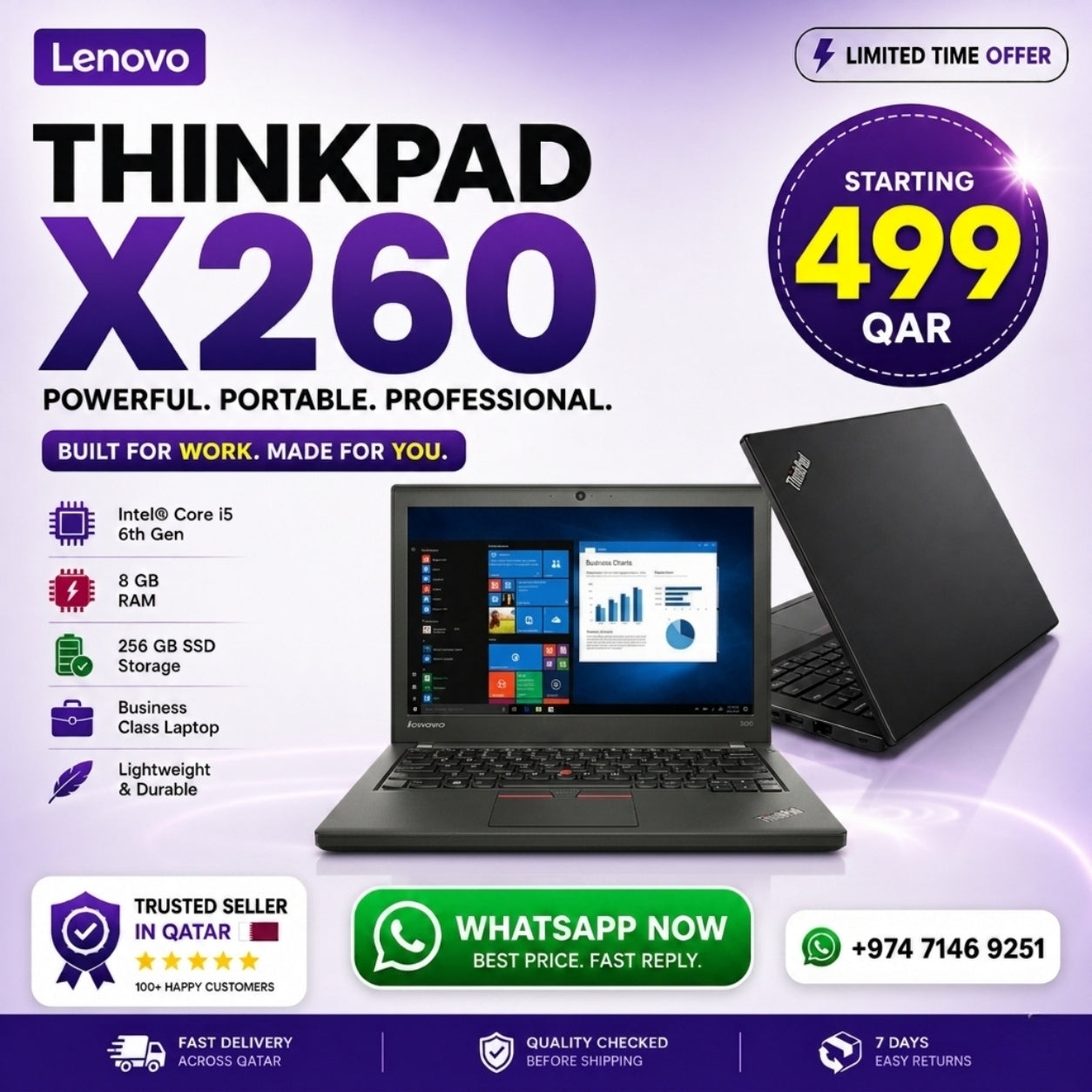 Lenovo ThinkPad X260 (Used) – Intel Core i5 6th Gen, 8GB RAM, 256GB SSD | Business Laptop, Durable & High Performance