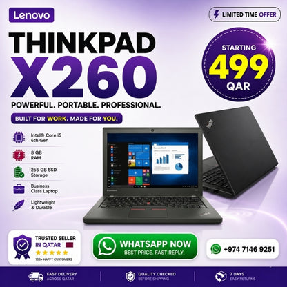 Lenovo ThinkPad X260 (Used) – Intel Core i5 6th Gen, 8GB RAM, 256GB SSD | Business Laptop, Durable & High Performance