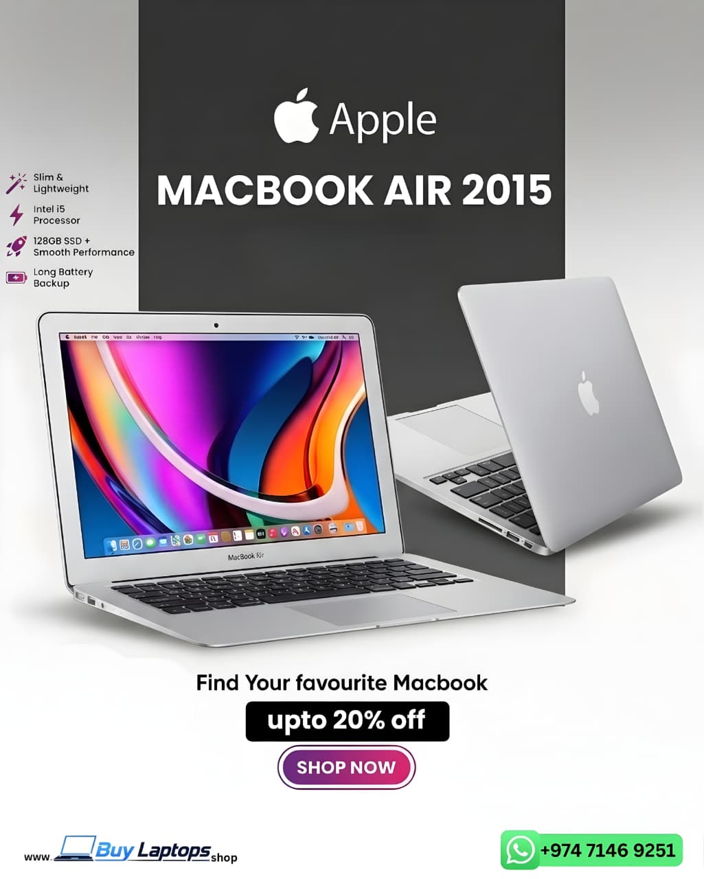 MacBook Air 2015 13.3-inch Laptop – Intel Core i5, 4GB RAM, 128GB SSD | Lightweight & Reliable